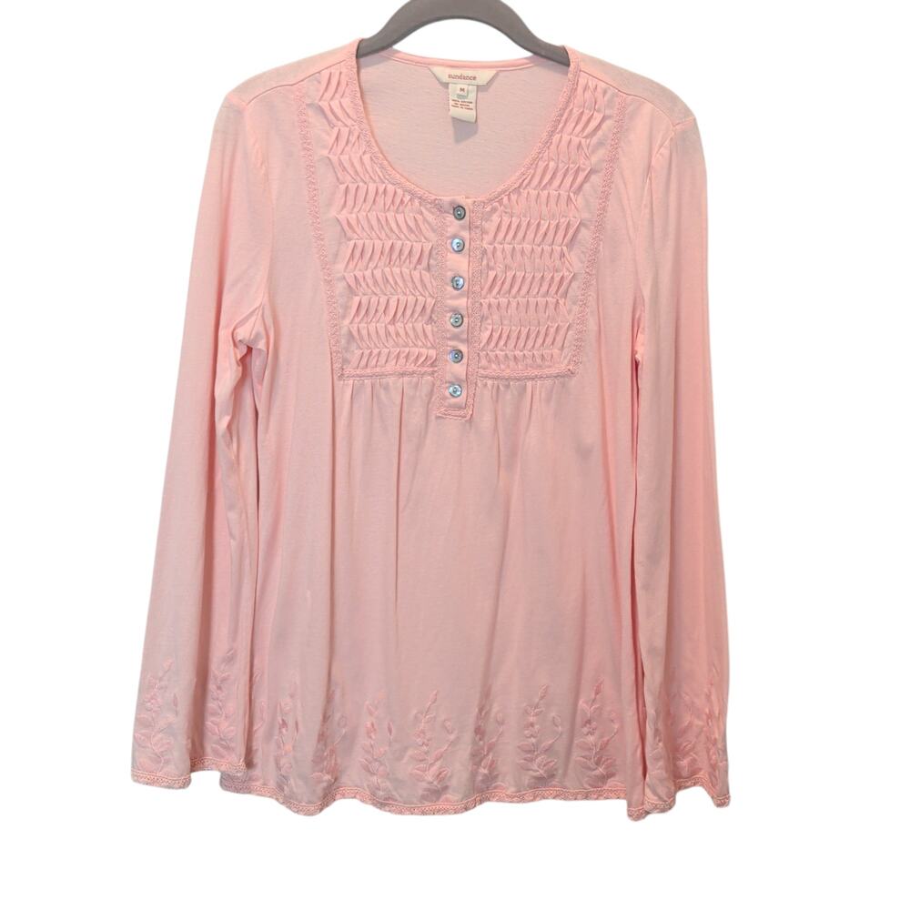 Sundance Women's Sz M Pink Long Sleeve Embroidered Pleated Boho Top Cotton